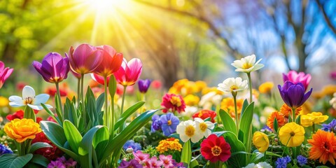 Fototapeta premium Vibrant flowers blooming in a sunny spring garden, spring, summer, flowers, bloom, sunny, garden, vibrant, colorful, nature