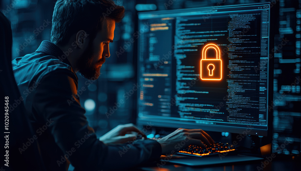 Poster a focused individual working on cybersecurity at a computer, illuminated by a digital lock symbol, s