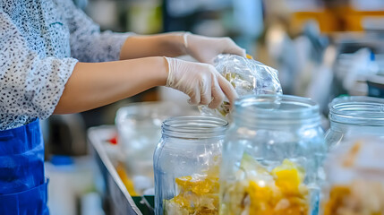 A person packaging items using eco-friendly materials like recycled paper, reusable containers, and glass jars