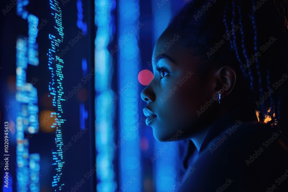 Poster A person sitting in front of a computer monitor in a dimly lit space, focused on the screen