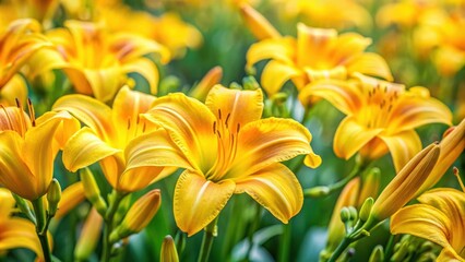 Fototapeta premium Bright Yellow Lilies in Full Bloom with Delicate Petals and Vibrant Green Foliage