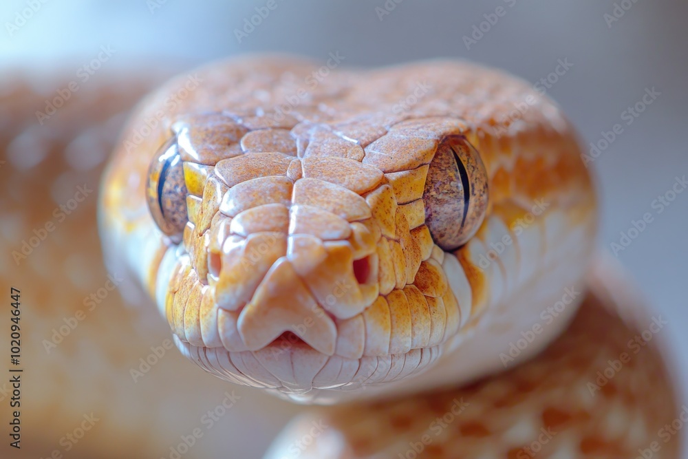 Poster a close-up shot of a snake's head with piercing eyes and sharp teeth