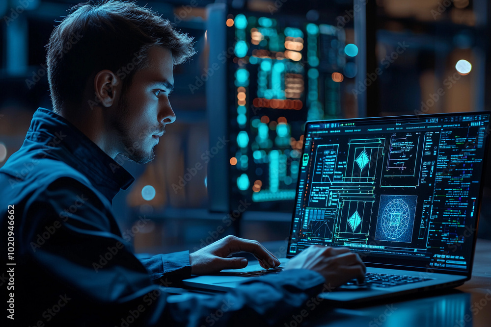Poster young man engaged in programming tasks at a modern workstation