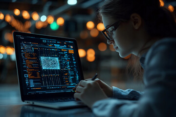 Focused woman analyzing data on a laptop in a dimly lit space at night