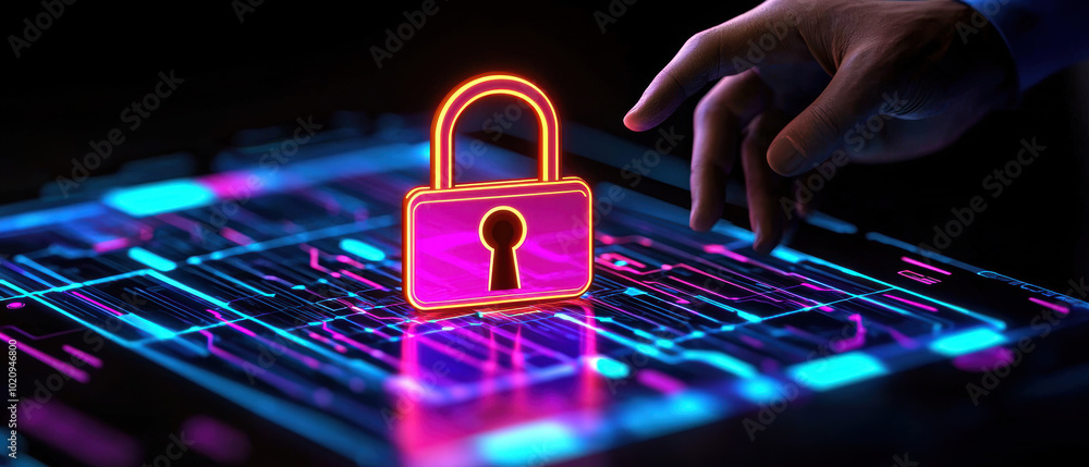 Poster a glowing padlock symbol representing digital security and protection on a futuristic interface.