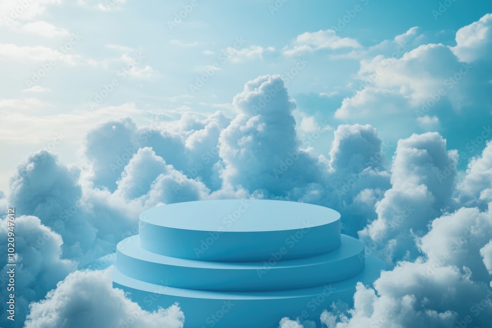 Poster a floating platform amidst a fluffy white cloud-filled sky, great for abstract or futuristic concept