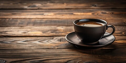 Obraz premium A steaming cup of coffee resting on a rustic wooden table, ready to invigorate the senses.