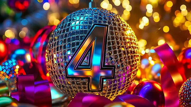 A gleaming silver disco ball with the number 4 lit up surrounded by multiple vibrant, glowing lights, creating a festive and celebratory atmosphere. Suggests celebration, milestone or countdown.