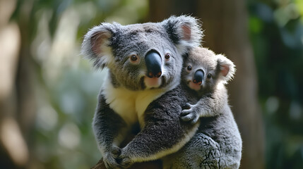 Fototapeta premium Mother koala with baby on her back.