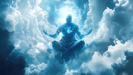 Spiritual figure meditating in clouds, glowing with ethereal energy