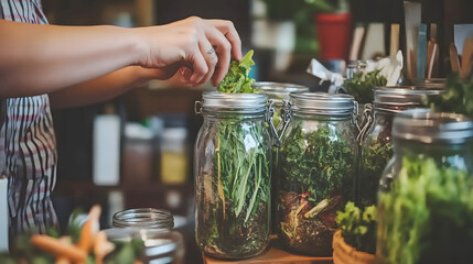 A person packaging items using eco-friendly materials like recycled paper, reusable containers, and glass jars