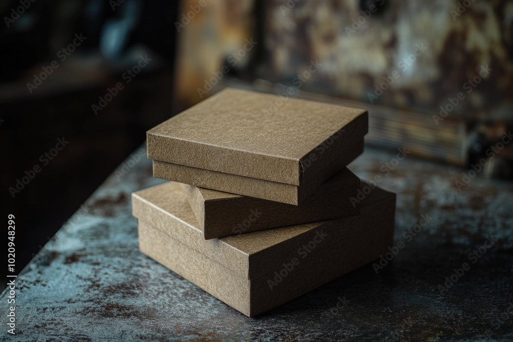 Poster stacked containers or storage boxes on a wooden table, possibly for organization or shipping