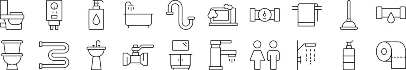 Plumbing Outline Picture Collection. Editable Stroke. Perfect for Infographics, Articles, Books, Flyers, Banners