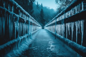 Ice-covered bridge with icicles hanging from above, surrounded by winter trees