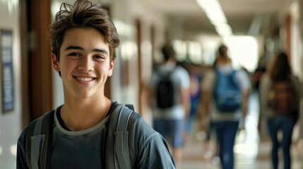 Fototapeta premium Portrait of handsome young university student standing and leaning to a wall in college corridor with other students at the back. Caucasian male student in high school campus.
