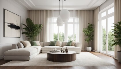 Modern Minimalist Living Room Design with Plant Accents and Natural Light