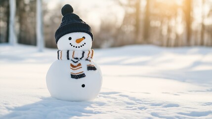 Obraz premium Cute snowman in a hat and scarf against the backdrop of a snowy landscape. Welcome Christmas card with copy space. Winter children's activities