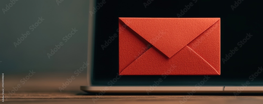 Poster a vibrant red envelope sits on the edge of a laptop, symbolizing communication and connection in a d