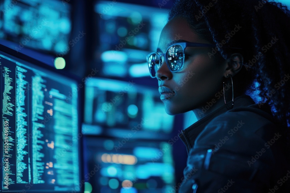 Poster a person wearing sunglasses sits in front of a computer, focused on the screen