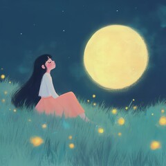 Young woman sitting in grass under a full moon with fireflies glowing around. Digital illustration with night sky background. Dreamy night and nature concept