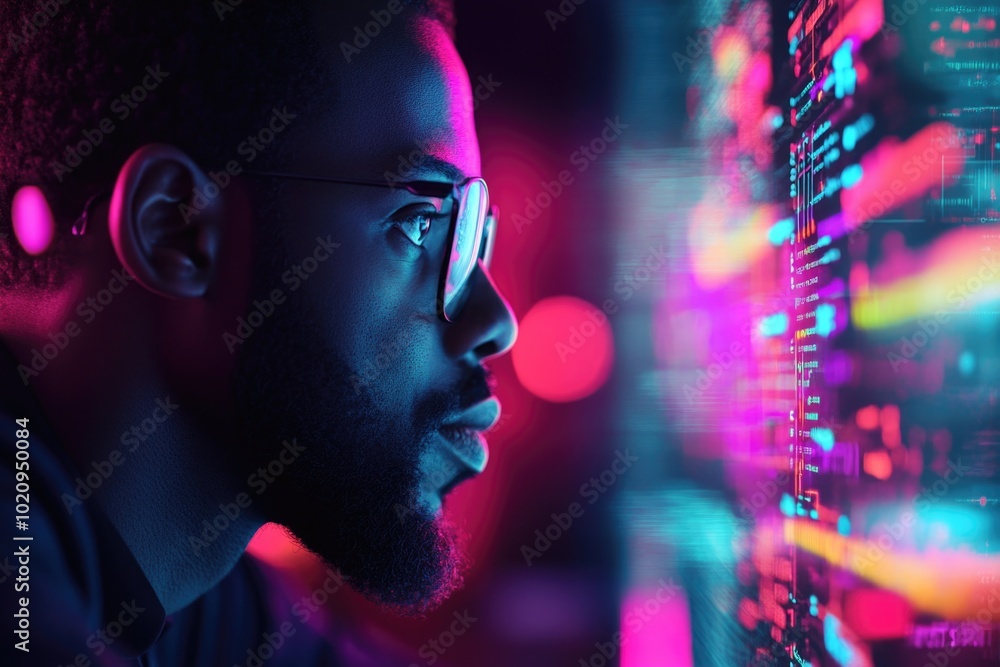 Poster a person wearing glasses focused on a computer monitor, suitable for tech-related illustrations and 