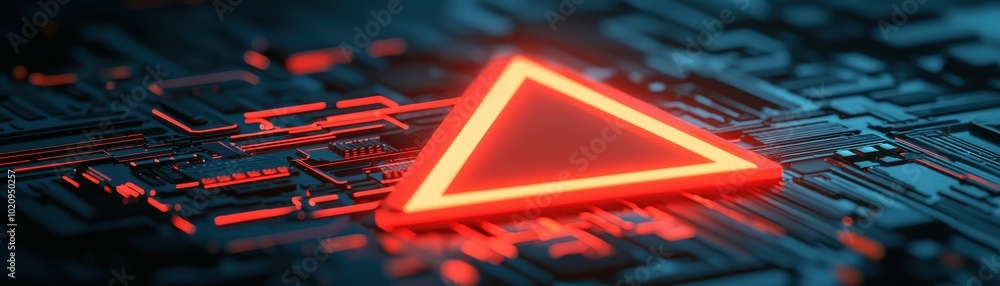 Poster a glowing red triangular symbol is centered on a dark circuit board background, suggesting technolog