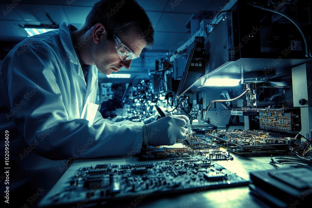 Poster a person in a lab coat works on electronic components, providing an image for science and technology
