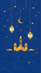 Simple, flat illustration in the style of a hand-drawn doodle, featuring hanging lanterns and stars for Ramadan