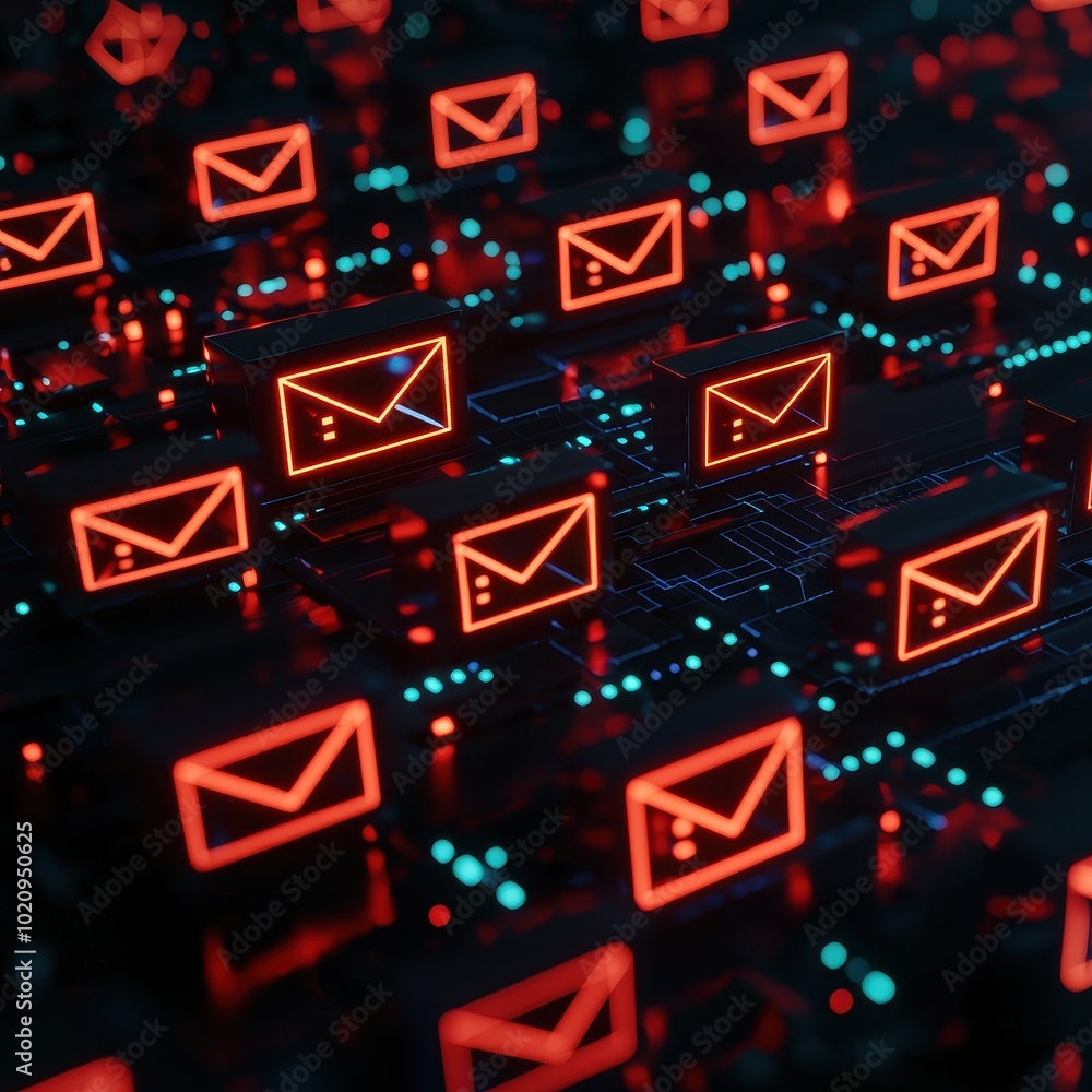 Poster a digital representation of numerous glowing red envelope icons on a circuit board background, symbo