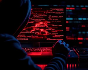 A shadowy figure in a hoodie types on a laptop displaying red code, embodying the mysterious world of hacking and cybersecurity.