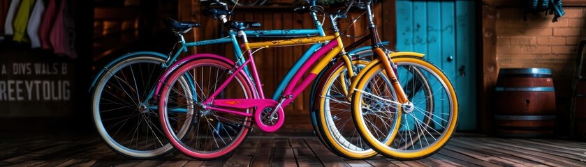 Vintage Bicycle Shop, vibrant colors, eclectic decor, indoor setting, photography