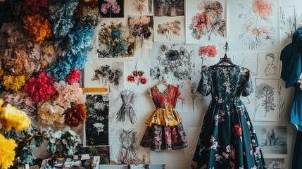 Fototapeta premium A collection of fashion sketches featuring various floral-inspired designs, arranged artistically on a designer's workspace