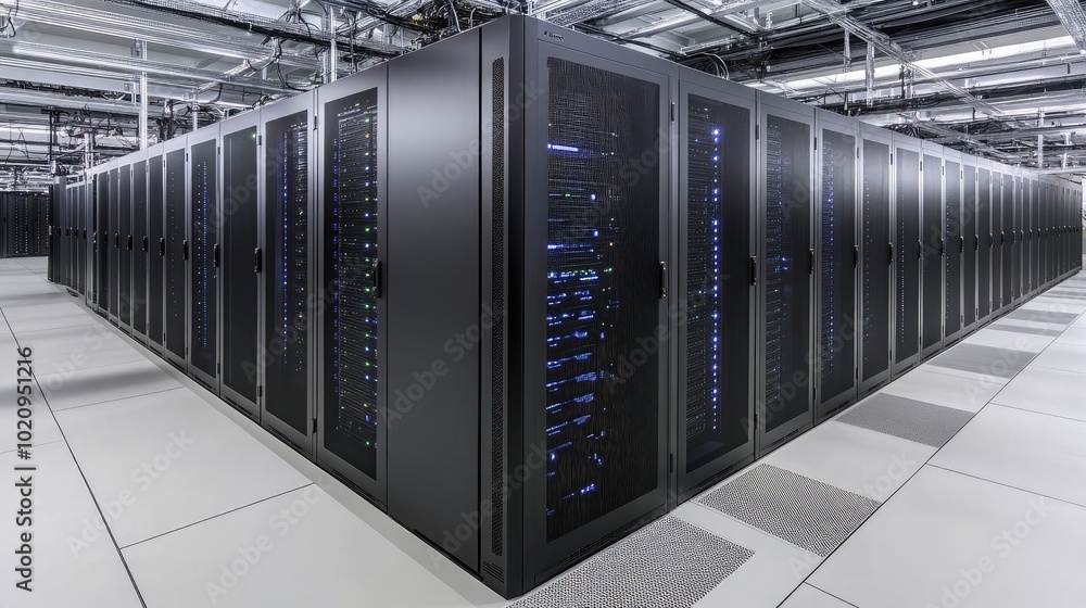 Poster modern data center with server racks and technology