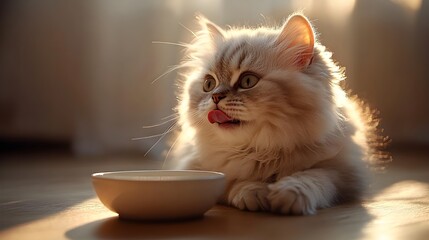 White Persian Cat in Soft Light with Food Bowl