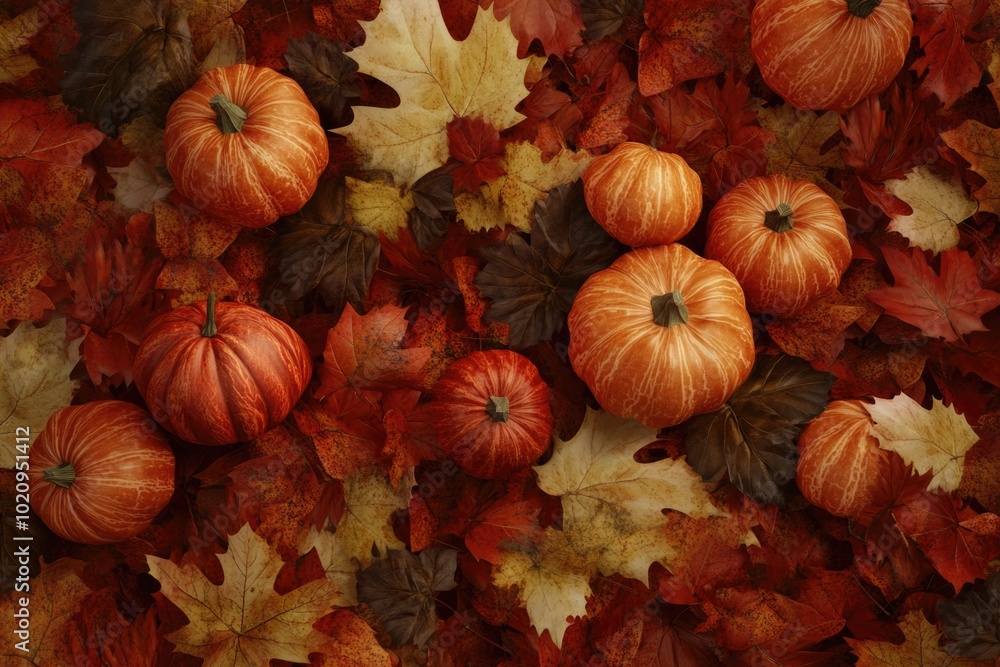 Poster Autumnal scene with pumpkins and leaves scattered on the ground, great for fall or Thanksgiving themed images