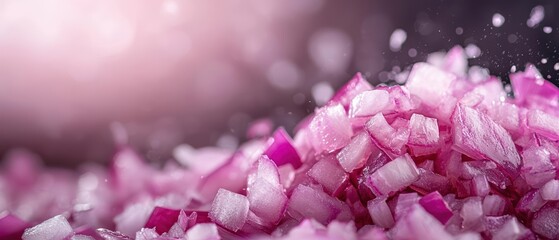 Obraz premium Chopped fresh red onion with a blurred background, highlighting its vibrant color and texture.
