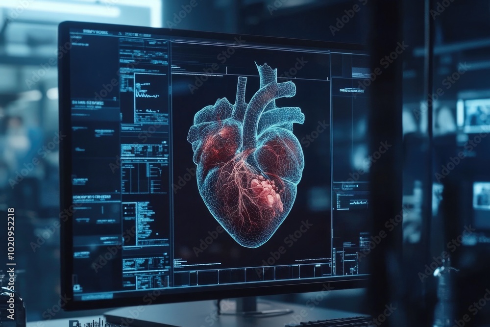 Aufkleber a computer monitor showing a heart scan image, useful for medical education or presentations