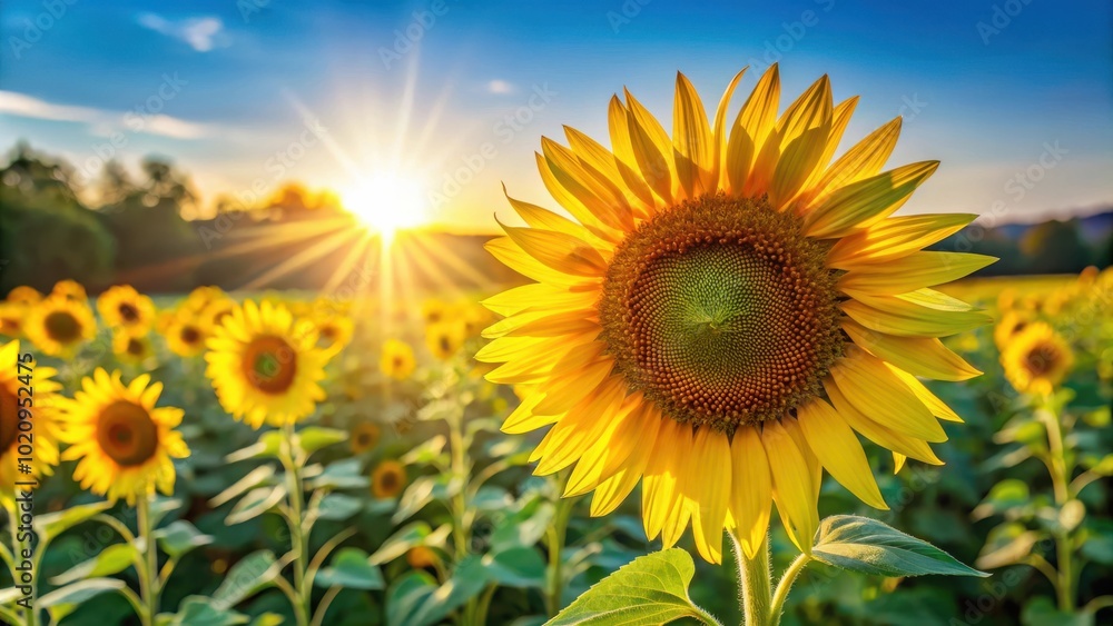 Poster a vibrant sunflower with a golden glow basking in the warm rays of a setting sun, surrounded by a fi