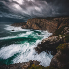 Fototapeta premium A dramatic shot of a thunderstorm rolling over a rocky coastline, with waves crashing against the cliffs - Generative AI