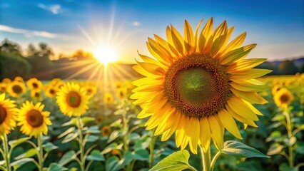 Obraz premium A vibrant sunflower with a golden glow basking in the warm rays of a setting sun, surrounded by a field of sunflowers and a hazy blue sky