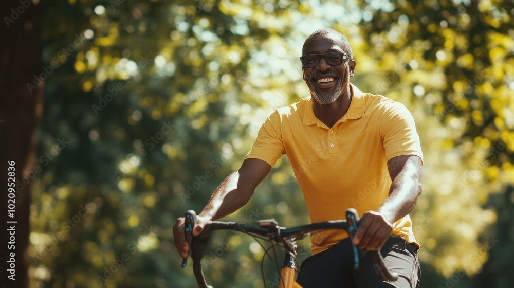 Poster A person wearing a bright yellow shirt rides a bicycle