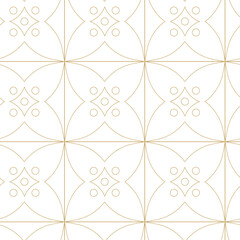Fototapeta premium Abstract geometric pattern with crosses, stripes, lines. Seamless vector background. White and gold ornament. Modern reticulated graphic design.