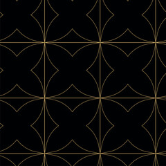 Abstract geometric pattern with crosses, stripes, lines. Seamless vector background. Black and gold ornament. Modern reticulated graphic design.