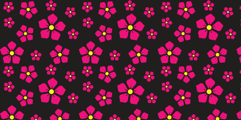 Cute and cool pattern with cherry blossom motif with 5 pink petals on a black background