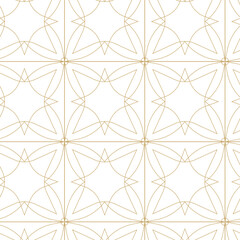 Abstract geometric pattern with crosses, stripes, lines. Seamless vector background. White and gold ornament. Modern reticulated graphic design.