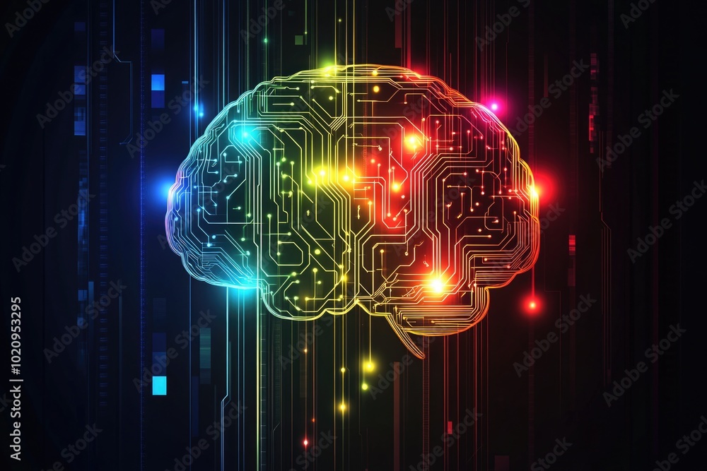 Poster A detailed illustration of a computer circuit board with a glowing brain, perfect for tech-related concepts and futuristic designs