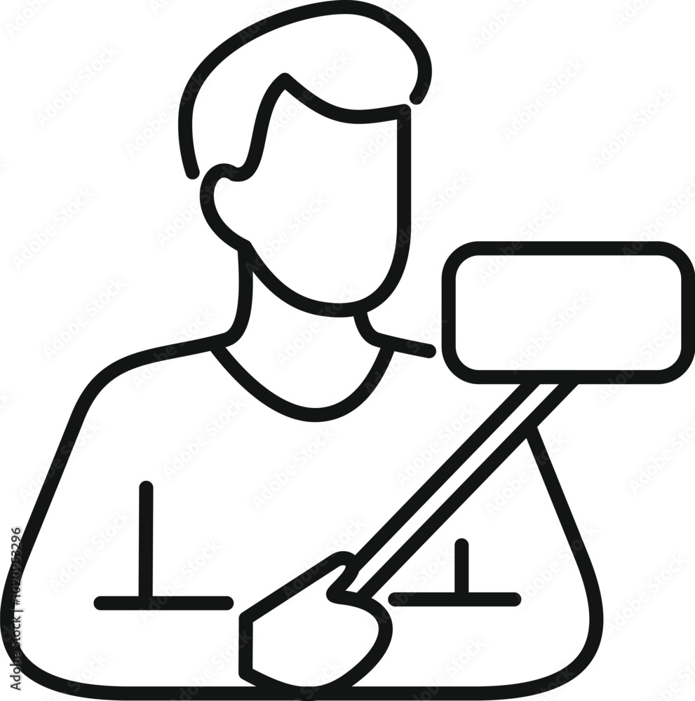 Poster line art vector icon of a person holding a selfie stick with an empty screen, ideal for representing
