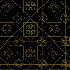 Abstract geometric pattern with crosses, stripes, lines. Seamless vector background. Black and gold ornament. Modern reticulated graphic design.