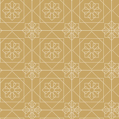 Abstract geometric pattern with crosses, stripes, lines. Seamless vector background. White and gold ornament. Modern reticulated graphic design.
