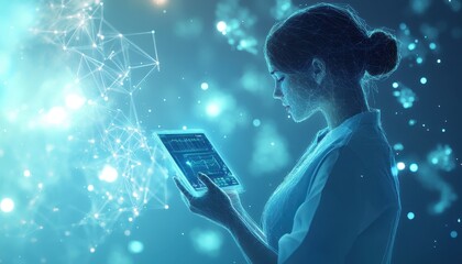 A Woman, Wireframe Style, Viewing Data on a Tablet